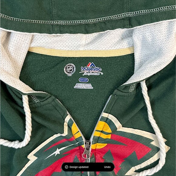 Minnesota Wild Full Zip Hoodie Sweatshirt NHL Majestic Pullover Jacket Sz Sm - Picture 5 of 7